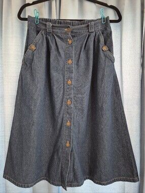 VTG 90s Bend Over Denim Midi Skirt Womens 8P Button Front A-Line Indigo Pockets